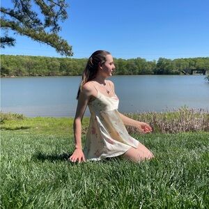 delicates Cream Floral Satin Mini Dress